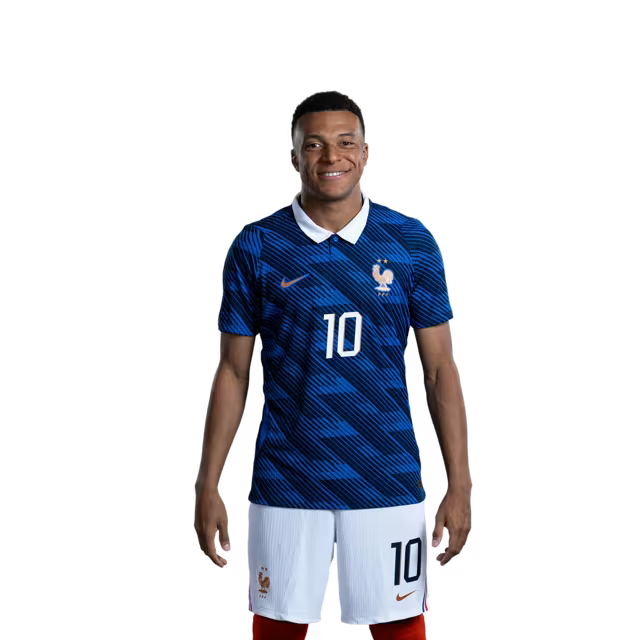 Maillot de l'équipe de France de football pour la Coupe du Monde 2026 (Version joueur/Version match) — Attaquants : n° 7 Ousmane DEMBÉLÉ, n° 9 Marcus THURAM, n° 10 Kylian MBAPPÉ