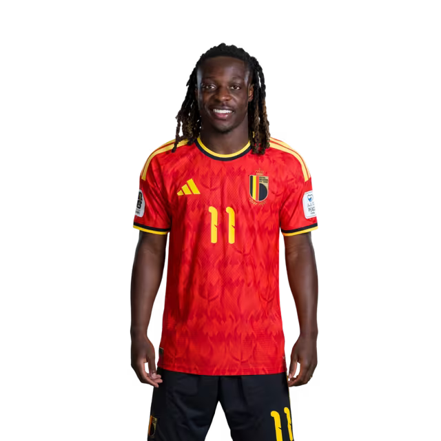 Belgisch nationaal voetbalelftal – WK 2026-shirt (spelersversie/wedstrijdversie) — Aanvallers: nr. 9 Romelu Lukaku, nr. 10 Leandro Trossard, nr. 11 Jérémy Doku