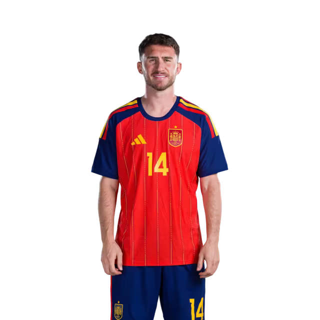 Camiseta de fútbol de España para el Mundial 2026 Versión jugador Versión partido - Defensa nº 5 Marcos LLORENTE, nº 12 Pedro PORRO, nº 14 Aymeric LAPORTE