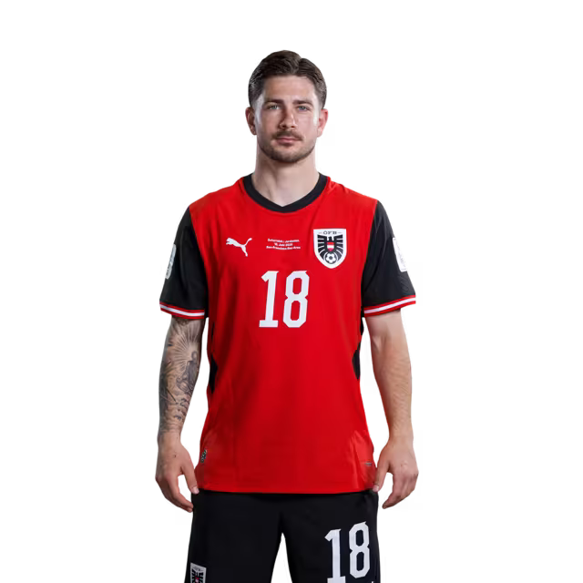 Österreichisches Nationalmannschaftstrikot für die WM 2026 (Spielerversion/Match-Version) – Mittelfeldspieler: Nr. 10 Florian GRILLITSCH, Nr. 17 Carney CHUKWUEMEKA, Nr. 18 Romano SCHMID
