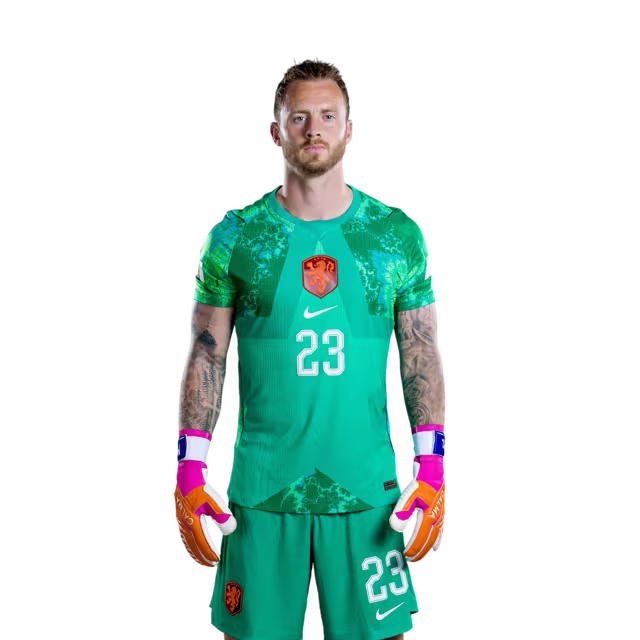 Nederlands voetbalelftal WK 2026-shirt (spelersversie/wedstrijdversie) — Keepers: nr. 1 Bart Verbruggen, nr. 13 Robin ROEFS, nr. 23 Mark FLEKKEN