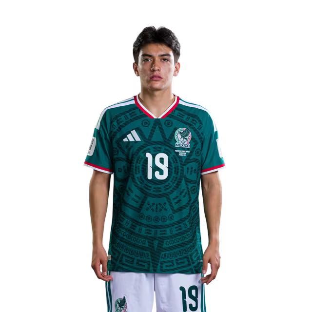 Camiseta de fútbol de México para la Copa Mundial 2026, versión jugadora, versión de partido - Centrocampistas: N.° 17 Orbelín Pineda, N.° 18 Obed Vargas, N.° 19 Gilberto Mora