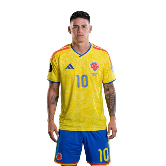 Camiseta de la Selección Nacional de Fútbol de Colombia para el Mundial 2026 (Versión jugador/Versión partido) — Centrocampistas: N.º 10 James RODRÍGUEZ, N.º 11 Jhon ARIAS, N.º 15 Juan PORTILLA