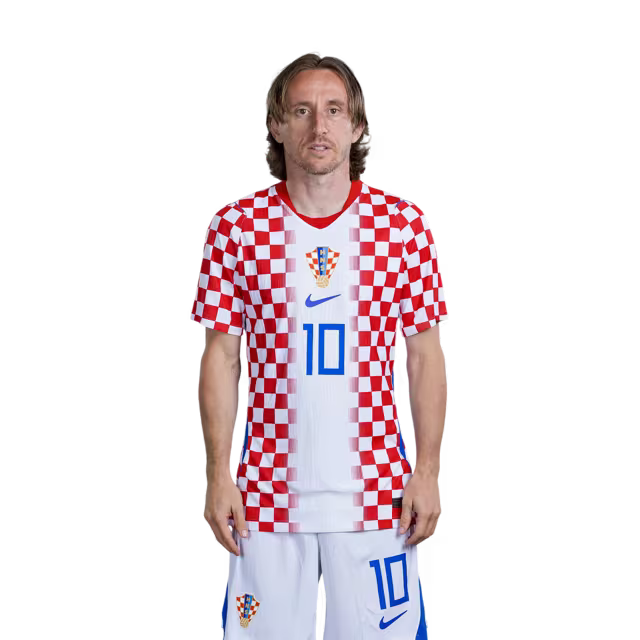 Dres hrvatske nogometne reprezentacije za Svjetsko prvenstvo 2026. (verzija za igrača/verzija za utakmicu) — Veznjaci: Br. 7 Nikola Moro, Br. 8 Mateo KOVAČIĆ, Br. 10 Luka MODRIĆ