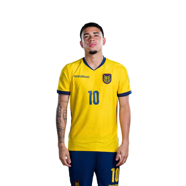 Camiseta de la Selección Nacional de Fútbol de Ecuador para el Mundial 2026 (Versión de jugador/Versión de partido) — Centrocampistas: N.° 5 Jordy ALCIVAR, N.° 8 Anthony VALENCIA, N.° 10 Kendry PAEZ