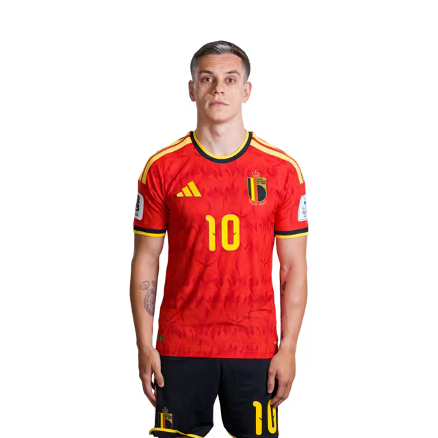 Belgisch nationaal voetbalelftal – WK 2026-shirt (spelersversie/wedstrijdversie) — Aanvallers: nr. 9 Romelu Lukaku, nr. 10 Leandro Trossard, nr. 11 Jérémy Doku