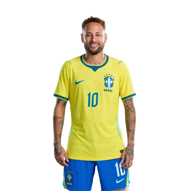 Camisa da Seleção Brasileira para a Copa do Mundo de 2026 (Versão Jogador/Versão de Jogo) — Atacantes: Nº 7 VINICIUS JUNIOR, Nº 9 MATHEUS CUNHA, Nº 10 NEYMAR JR