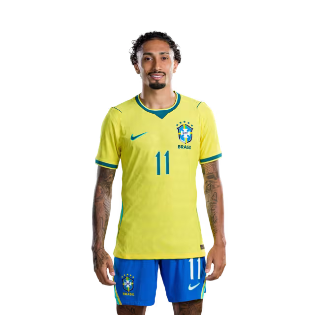 Camisa da Seleção Brasileira para a Copa do Mundo de 2026 (Versão Jogador/Versão de Jogo) — Atacantes: Nº 11 RAPHINHA, Nº 19 ENDRICK, Nº 21 LUIZ HENRIQUE