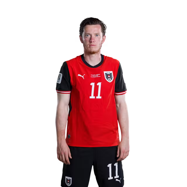 Österreichisches Nationalmannschaftstrikot für die WM 2026 (Spielerversion/Match-Version) – Angreifer: Nr. 7 Marko ARNAUTOVIC, Nr. 11 Michael Gregoritsch, Nr. 14 Sasa KALAJDZIC, Nr. 21 Patrick WIMMER