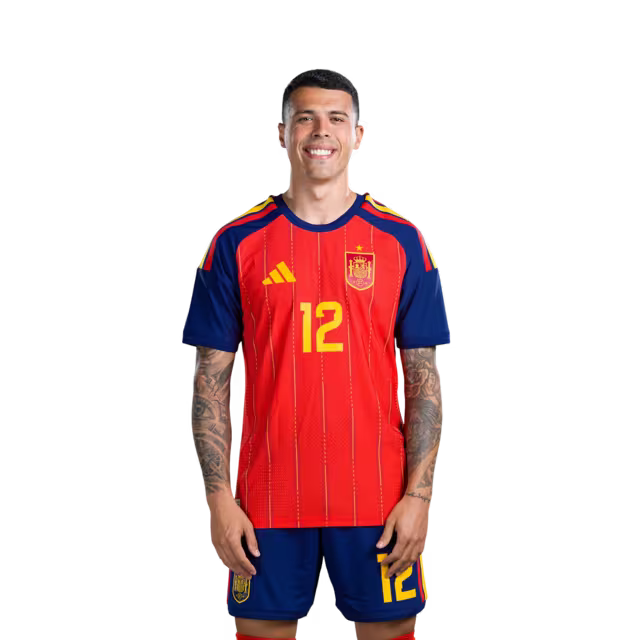 Camiseta de fútbol de España para el Mundial 2026 Versión jugador Versión partido - Defensa nº 5 Marcos LLORENTE, nº 12 Pedro PORRO, nº 14 Aymeric LAPORTE