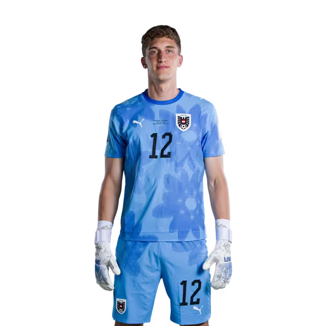 Österreichisches Nationalmannschaftstrikot für die WM 2026 (Spielerversion/Match-Version) – Torhüter: Nr. 1 Alexander SCHLAGER, Nr. 12 Florian WIEGELE, Nr. 13 Patrick PENTZ