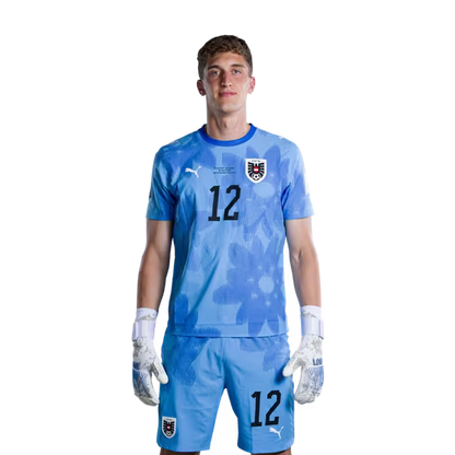 Österreichisches Nationalmannschaftstrikot für die WM 2026 (Spielerversion/Match-Version) – Torhüter: Nr. 1 Alexander SCHLAGER, Nr. 12 Florian WIEGELE, Nr. 13 Patrick PENTZ