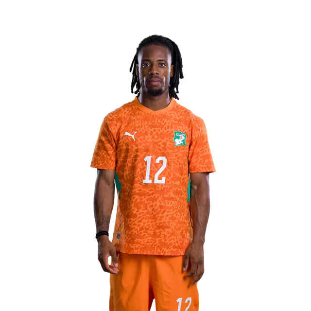 Maillot de l'équipe nationale de Côte d'Ivoire pour la Coupe du Monde 2026 (Version joueur/Version match) — Attaquants : n° 12 Elye WAHI, n° 14 Oumar DIAKITE, n° 15 Amad DIALLO