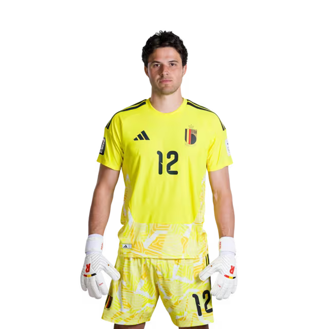 Belgisch nationaal voetbalelftal – WK 2026-shirt (spelersversie/wedstrijdversie) — Doelmannen: nr. 1 Thibaut Courtois, nr. 12 Senne Lammens, nr. 13 Mike Penders