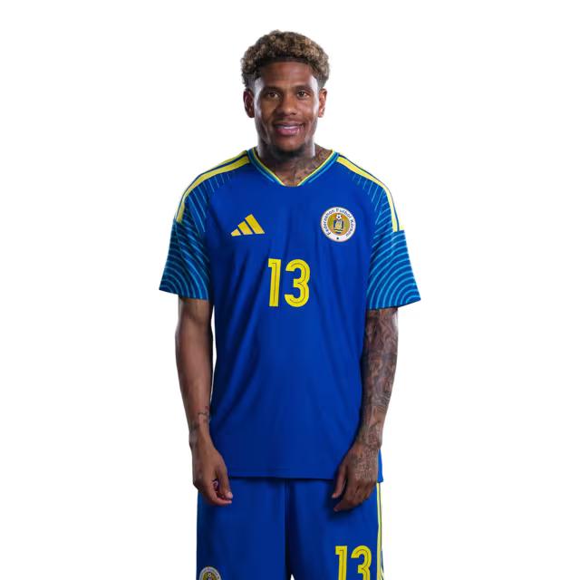 Jersey di Kopa Mundial 2026 Selekshon Nashonal di Futbòl Kòrsou (Vershon di Hungadó/Vershon di Partido) —Delanteronan: No.13 Tyrese NOSLIN, No.14 Kenji GORRE, No.16 Jearl MARGARITHA