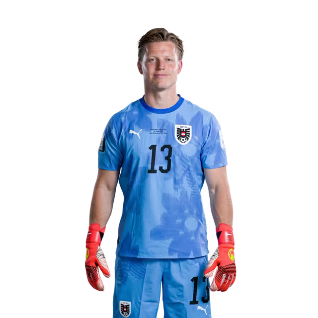 Österreichisches Nationalmannschaftstrikot für die WM 2026 (Spielerversion/Match-Version) – Torhüter: Nr. 1 Alexander SCHLAGER, Nr. 12 Florian WIEGELE, Nr. 13 Patrick PENTZ