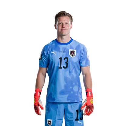 Österreichisches Nationalmannschaftstrikot für die WM 2026 (Spielerversion/Match-Version) – Torhüter: Nr. 1 Alexander SCHLAGER, Nr. 12 Florian WIEGELE, Nr. 13 Patrick PENTZ