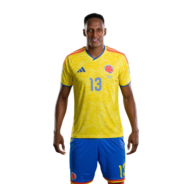Camiseta de la Selección Nacional de Fútbol de Colombia para el Mundial 2026 (Versión jugador/Versión partido) — Defensas: N.º 13 Yerry MINA, N.º 14 Gustavo PUERTA, N.º 17 Johan MOJICA