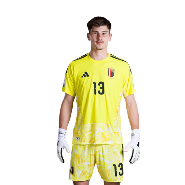 Belgisch nationaal voetbalelftal – WK 2026-shirt (spelersversie/wedstrijdversie) — Doelmannen: nr. 1 Thibaut Courtois, nr. 12 Senne Lammens, nr. 13 Mike Penders