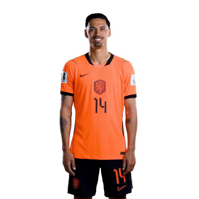 Nederlands voetbalelftal WK 2026-shirt (spelersversie/wedstrijdversie) — Middenvelders: nr. 14 Tijjani REIJNDERS, nr. 16 Guus TIL, nr. 20 Teun KOOPMEINERS
