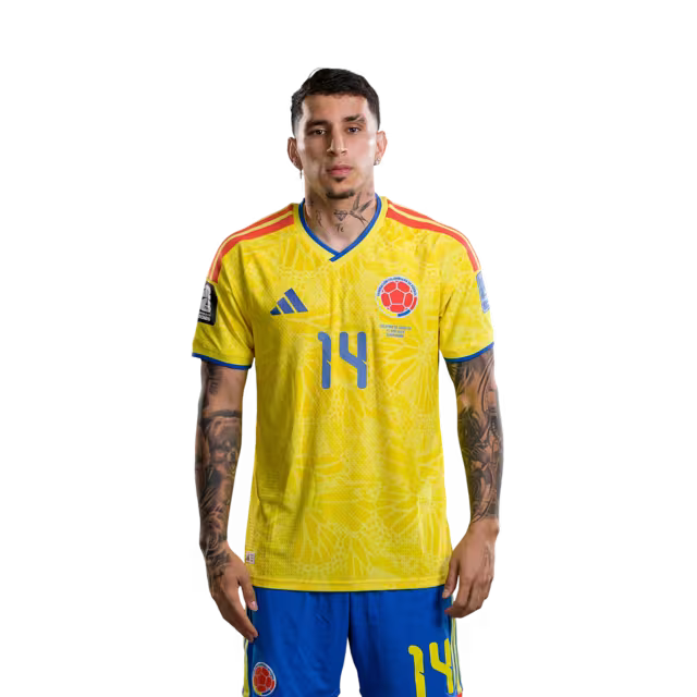 Camiseta de la Selección Nacional de Fútbol de Colombia para el Mundial 2026 (Versión jugador/Versión partido) — Defensas: N.º 13 Yerry MINA, N.º 14 Gustavo PUERTA, N.º 17 Johan MOJICA