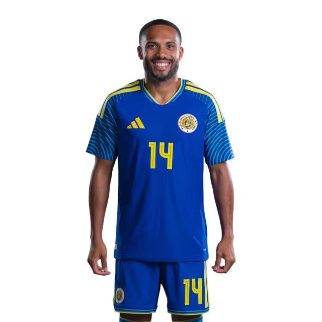 Jersey di Kopa Mundial 2026 Selekshon Nashonal di Futbòl Kòrsou (Vershon di Hungadó/Vershon di Partido) —Delanteronan: No.13 Tyrese NOSLIN, No.14 Kenji GORRE, No.16 Jearl MARGARITHA