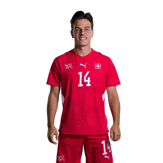 Schweizer Fußballnationalmannschaftstrikot 2026 (Spielerversion/Spielversion) — Mittelfeldspieler: Nr. 10 Granit Xhaka, Nr. 14 Ardon Jashari, Nr. 15 Djibril Sow