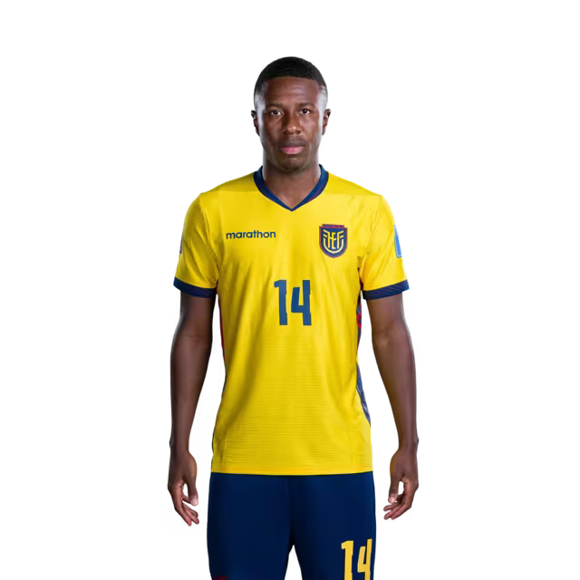 Camiseta de la Selección Nacional de Fútbol de Ecuador para el Mundial 2026 (Versión de jugador/Versión de partido) — Centrocampistas: N.° 14 Alan MINDA, N.° 15 Pedro VITE, N.° 18 Denil CASTILLO