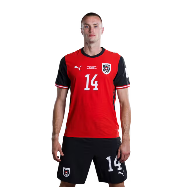 Österreichisches Nationalmannschaftstrikot für die WM 2026 (Spielerversion/Match-Version) – Angreifer: Nr. 7 Marko ARNAUTOVIC, Nr. 11 Michael Gregoritsch, Nr. 14 Sasa KALAJDZIC, Nr. 21 Patrick WIMMER