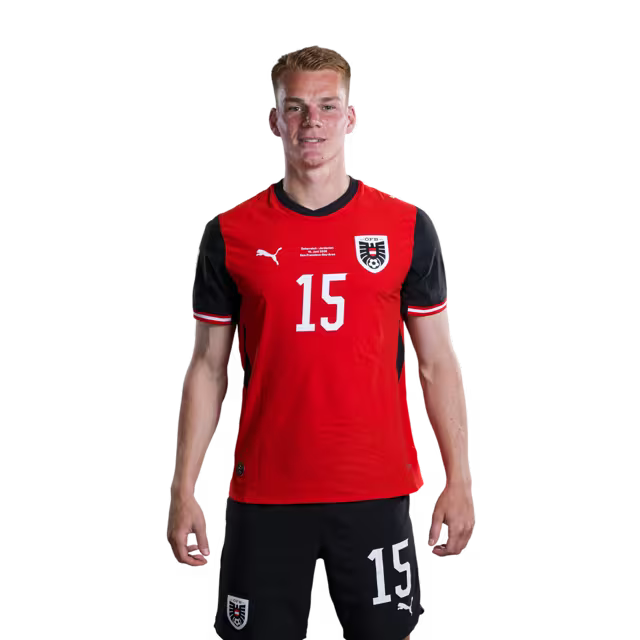 Österreichisches Nationalmannschaftstrikot für die WM 2026 (Spielerversion/Match-Version) – Abwehrspieler: Nr. 8 David Alaba, Nr. 15 Philipp Lienhart, Nr. 16 Phillip Mwene