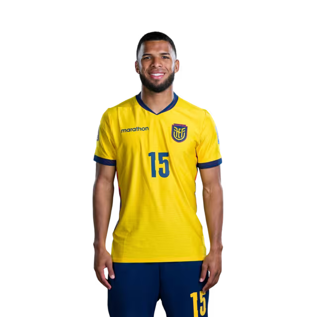 Camiseta de la Selección Nacional de Fútbol de Ecuador para el Mundial 2026 (Versión de jugador/Versión de partido) — Centrocampistas: N.° 14 Alan MINDA, N.° 15 Pedro VITE, N.° 18 Denil CASTILLO