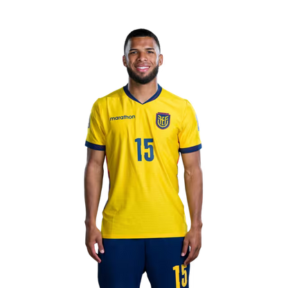 Camiseta de la Selección Nacional de Fútbol de Ecuador para el Mundial 2026 (Versión de jugador/Versión de partido) — Centrocampistas: N.° 14 Alan MINDA, N.° 15 Pedro VITE, N.° 18 Denil CASTILLO