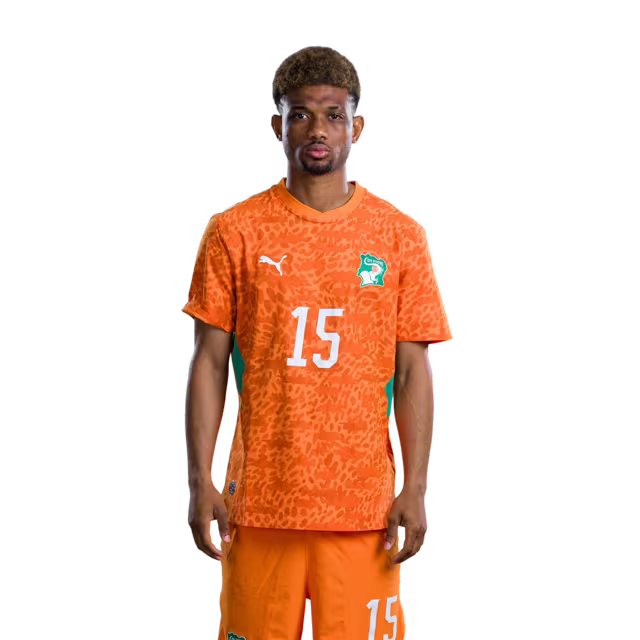 Maillot de l'équipe nationale de Côte d'Ivoire pour la Coupe du Monde 2026 (Version joueur/Version match) — Attaquants : n° 12 Elye WAHI, n° 14 Oumar DIAKITE, n° 15 Amad DIALLO