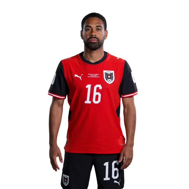 Österreichisches Nationalmannschaftstrikot für die WM 2026 (Spielerversion/Match-Version) – Abwehrspieler: Nr. 8 David Alaba, Nr. 15 Philipp Lienhart, Nr. 16 Phillip Mwene