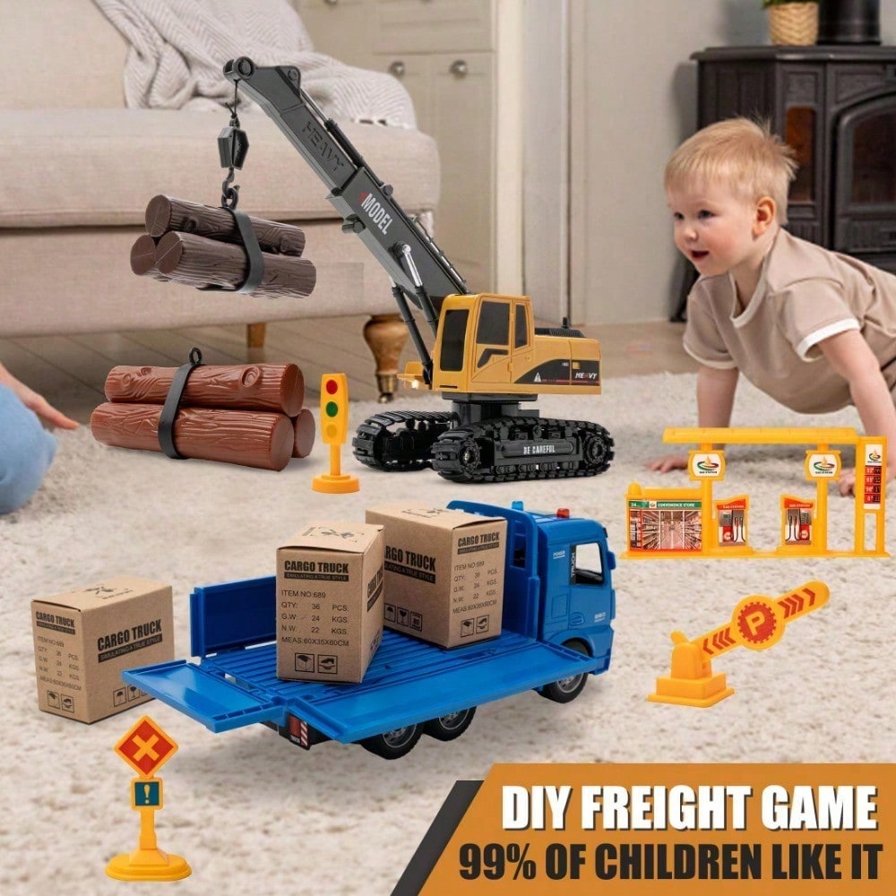 RC Crane & Timber Truck Set – 2-In-1 Remote Control Construction Vehicle Combo With Lights, Logs, And Accessories, Educational DIY Freight Game, Perfect Christmas & Holiday Gift For Kids