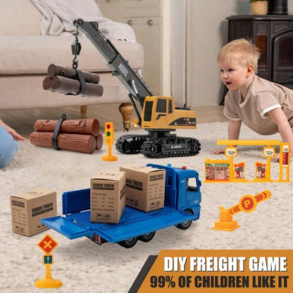 RC Crane & Timber Truck Set – 2-In-1 Remote Control Construction Vehicle Combo With Lights, Logs, And Accessories, Educational DIY Freight Game, Perfect Christmas & Holiday Gift For Kids