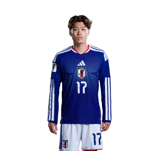 サッカー日本代表 2026年ワールドカップ用ユニフォーム（選手仕様／マッチモデル） — MF：No.15 鎌田大地、No.17 鈴木唯人、No.24 佐野海舟