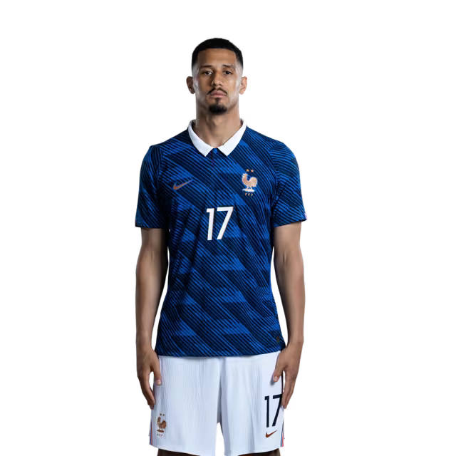 Maillot de l'équipe de France de football pour la Coupe du Monde 2026 (Version joueur/Version match) — Défenseurs : n° 5 Jules KOUNDÉ, n° 15 Ibrahima KONATÉ, n° 17 William SALIBA