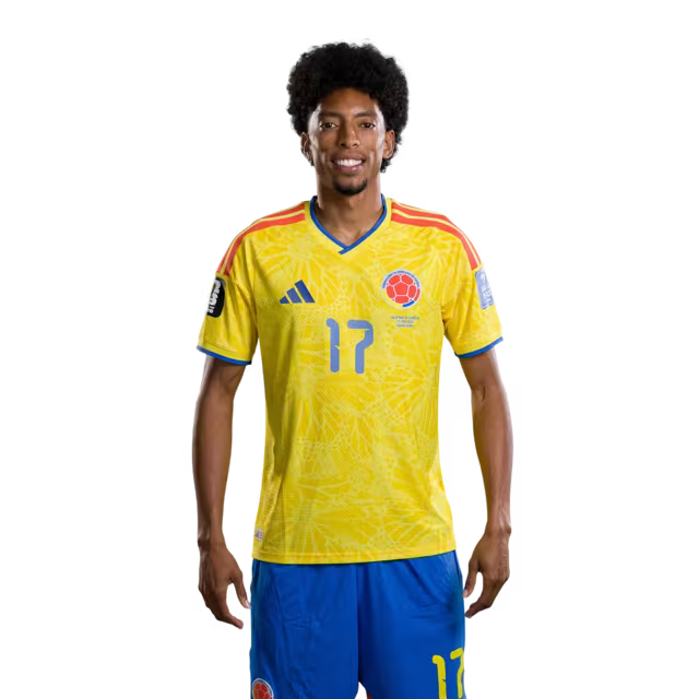 Camiseta de la Selección Nacional de Fútbol de Colombia para el Mundial 2026 (Versión jugador/Versión partido) — Defensas: N.º 13 Yerry MINA, N.º 14 Gustavo PUERTA, N.º 17 Johan MOJICA