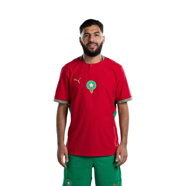 قميص المنتخب المغربي لكرة القدم لكأس العالم 2026 (نسخة اللاعبين/نسخة المباريات) — المهاجمون: رقم 9 سفيان رحيمي، رقم 10 إبراهيم دياز، رقم 17 أمين الصيباري.