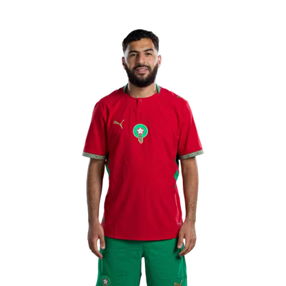 قميص المنتخب المغربي لكرة القدم لكأس العالم 2026 (نسخة اللاعبين/نسخة المباريات) — المهاجمون: رقم 9 سفيان رحيمي، رقم 10 إبراهيم دياز، رقم 17 أمين الصيباري.