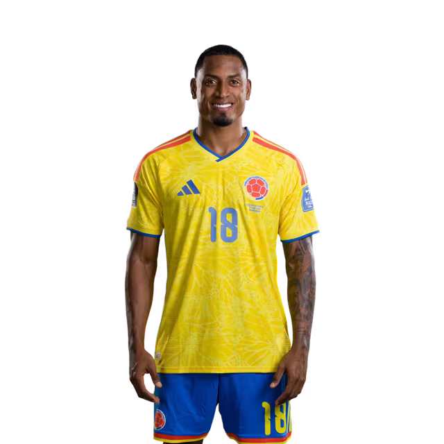 Camiseta de la Selección Nacional de Fútbol de Colombia para el Mundial 2026 (Versión jugador/Versión partido) — Defensas: N.º 18 Willer DITTA, N.º 22 Deiver MACHADO, N.º 23 Davinson SÁNCHEZ