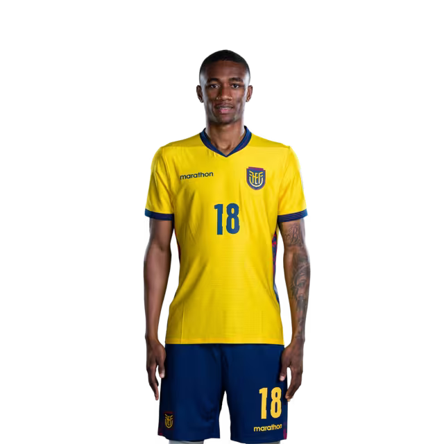 Camiseta de la Selección Nacional de Fútbol de Ecuador para el Mundial 2026 (Versión de jugador/Versión de partido) — Centrocampistas: N.° 14 Alan MINDA, N.° 15 Pedro VITE, N.° 18 Denil CASTILLO