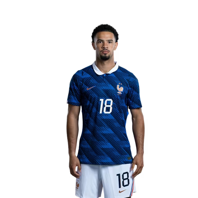 Maillot de l'équipe de France de football pour la Coupe du Monde 2026 (Version joueur/Version match) — Milieux de terrain : n° 14 Adrien RABIOT, n° 18 Warren ZAÏRE-EMERY, n° 24 Rayan CHERKI, n° 25 Maghnes AKLIOUCHE