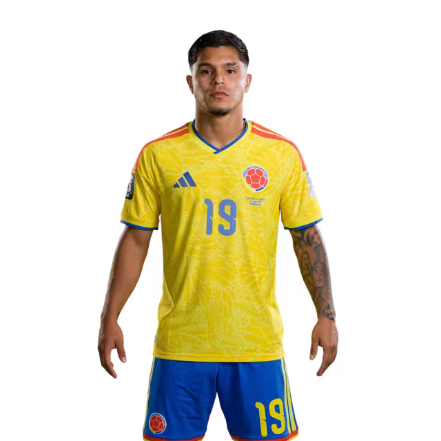 Camiseta de la Selección Nacional de Fútbol de Colombia para el Mundial 2026 (Versión jugador/Versión partido) — Delanteros: N.º 7 Luis Díaz, N.º 9 Jhon Córdoba, N.º 19 Cucho Hernández.