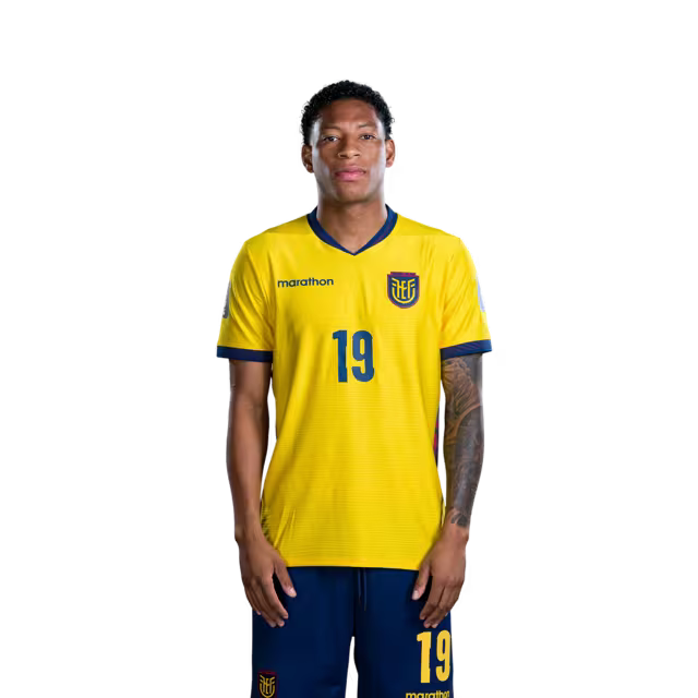Camiseta de la Selección Nacional de Fútbol de Ecuador para el Mundial 2026 (Versión de jugador/Versión de partido) — Delanteros: N.° 16 Jordy CAICEDO, N.° 19 Gonzalo PLATA, N.° 20 Nilson ANGULO, N.° 24 Jeremy AREVALO