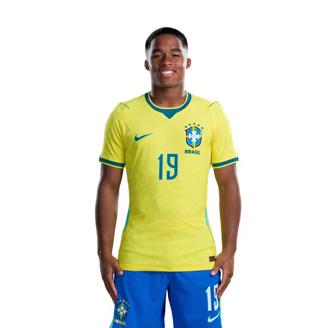 Camisa da Seleção Brasileira para a Copa do Mundo de 2026 (Versão Jogador/Versão de Jogo) — Atacantes: Nº 11 RAPHINHA, Nº 19 ENDRICK, Nº 21 LUIZ HENRIQUE