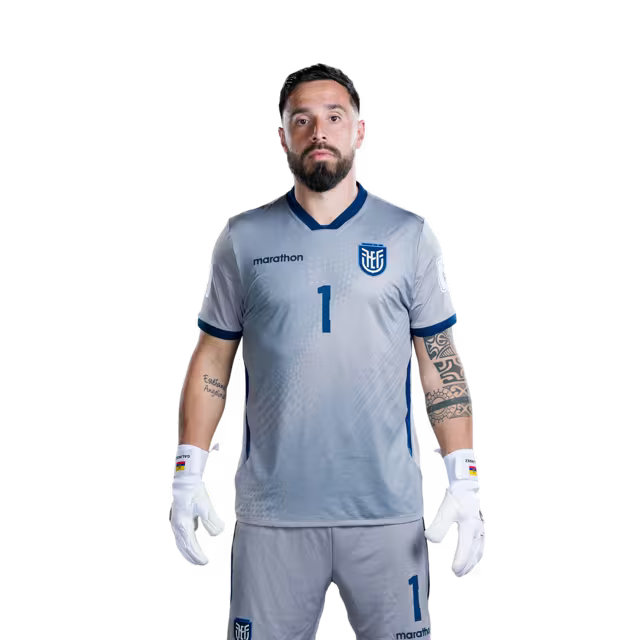Camiseta de la Selección Nacional de Fútbol de Ecuador para el Mundial 2026 (Versión de jugador/Versión de partido) — Porteros: N.° 1 Hernán Galíndez, N.° 12 Moisés Ramírez, N.° 22 Gonzalo Valle