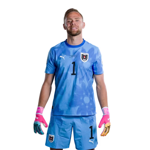 Österreichisches Nationalmannschaftstrikot für die WM 2026 (Spielerversion/Match-Version) – Torhüter: Nr. 1 Alexander SCHLAGER, Nr. 12 Florian WIEGELE, Nr. 13 Patrick PENTZ