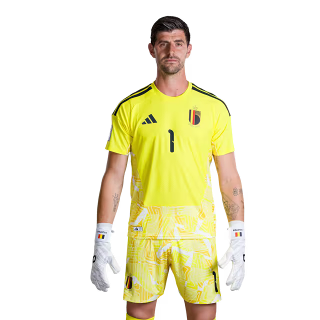 Belgisch nationaal voetbalelftal – WK 2026-shirt (spelersversie/wedstrijdversie) — Doelmannen: nr. 1 Thibaut Courtois, nr. 12 Senne Lammens, nr. 13 Mike Penders